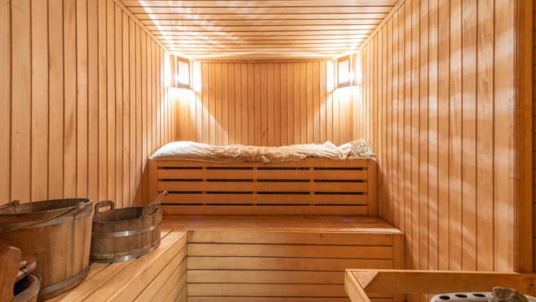 An illuminated sauna room