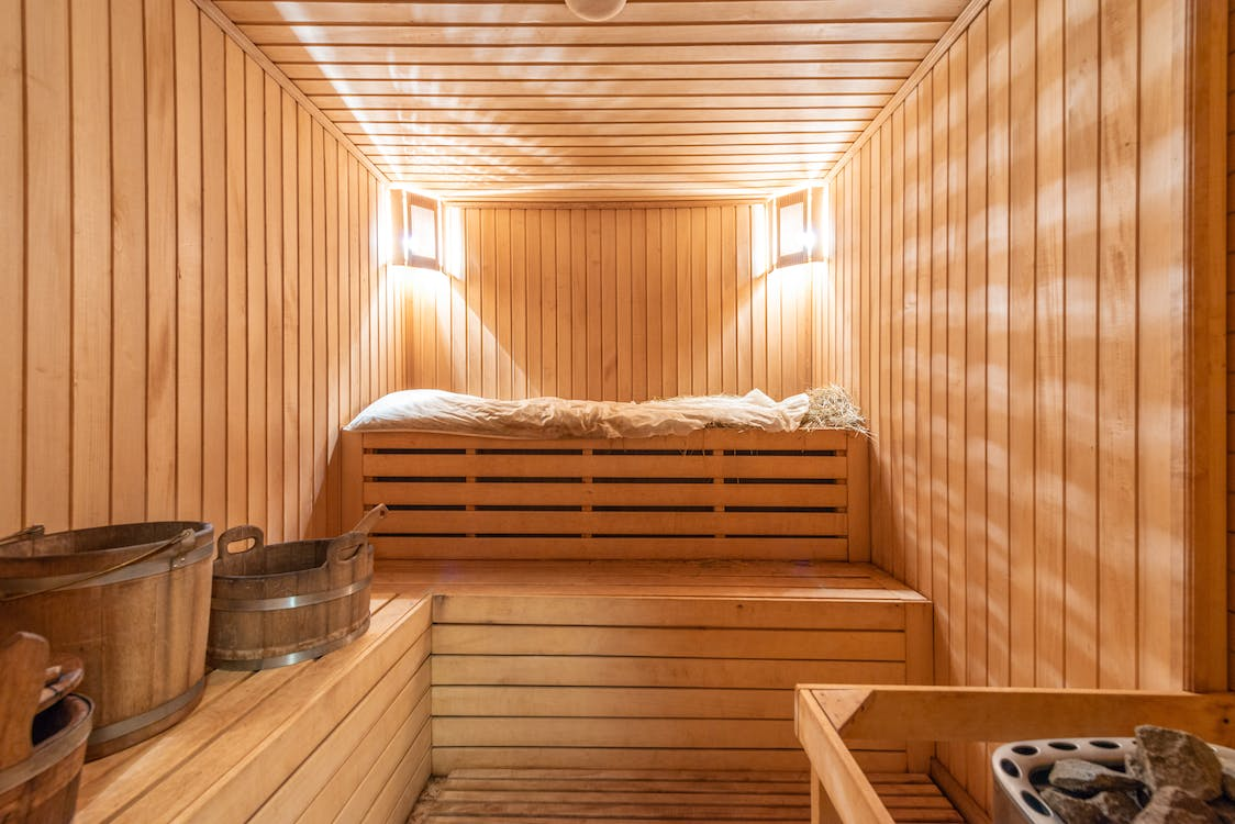 An illuminated sauna room